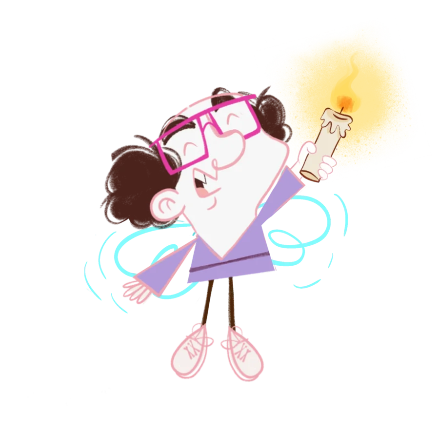 The angel in pink glasses and sneakers holds a glowing candle