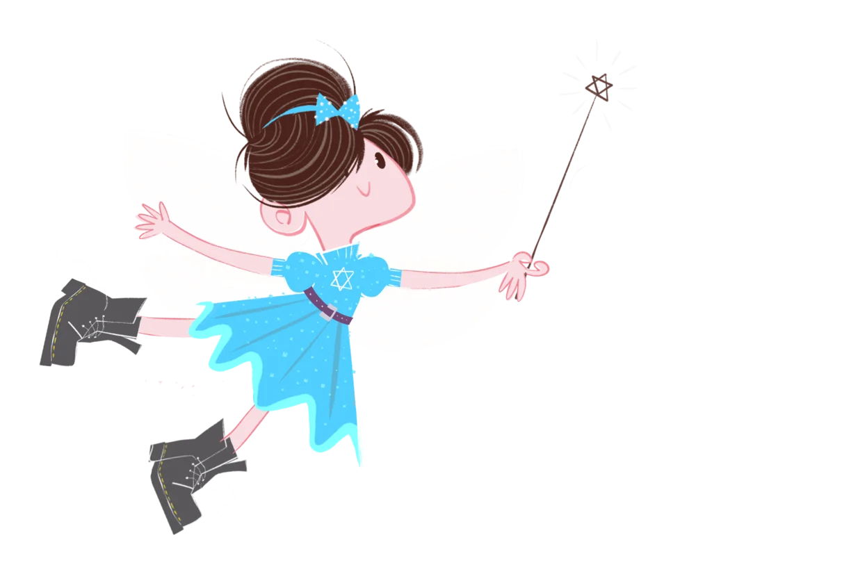 The Hanukkah Fairy, in her blue dress and big black boots, flying into the story