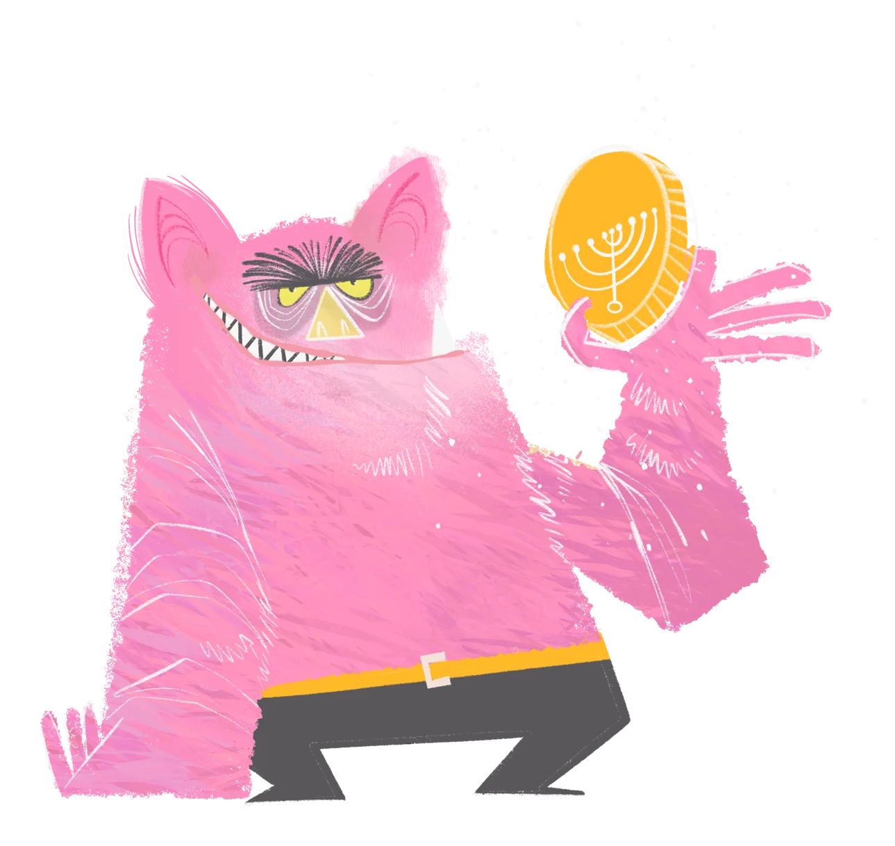 Grizzlebottom, the pink fluffy troll with a stolen gelt coin